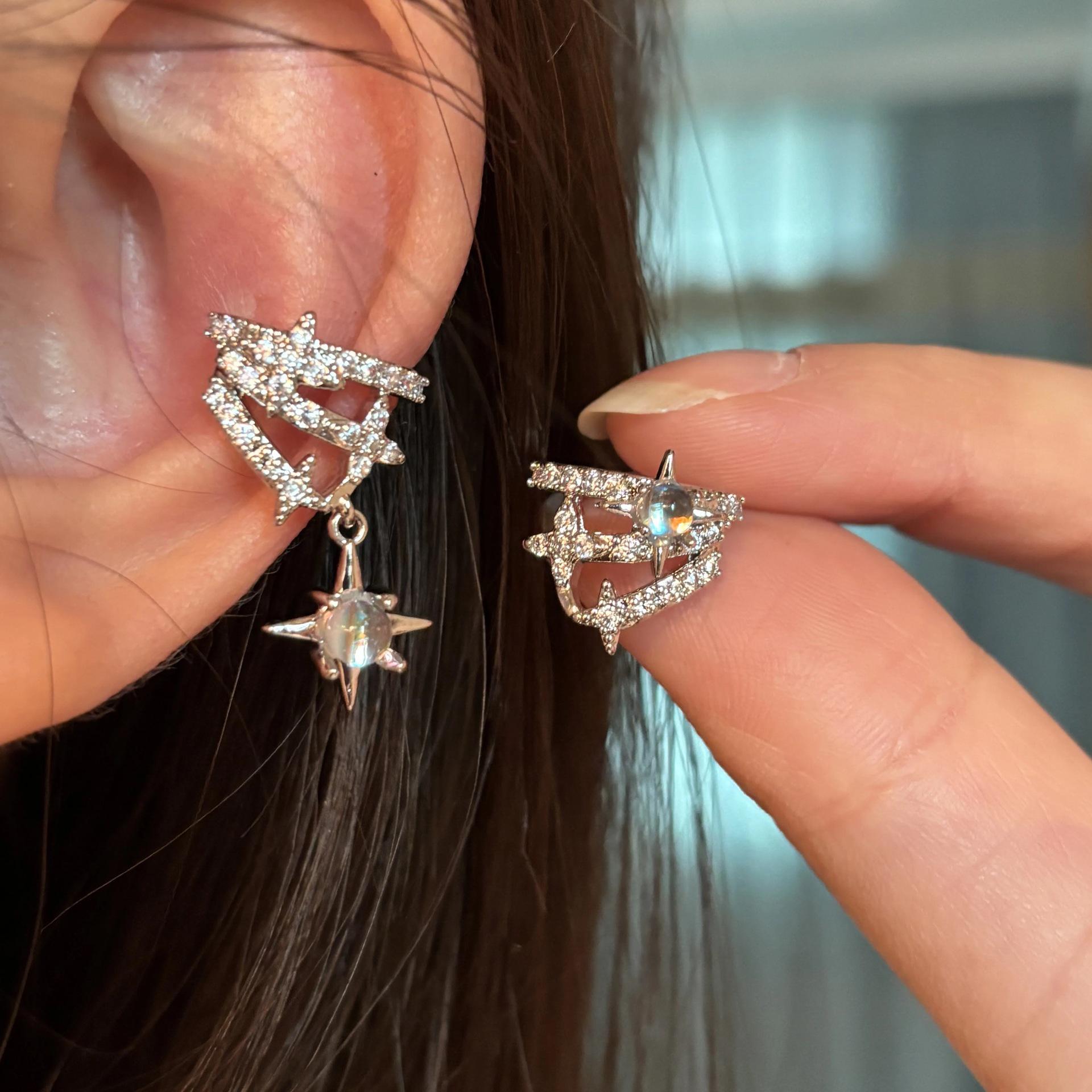 Asymmetrical Zircon Star & Moonstone No-Piercing Ear Cuff Earrings