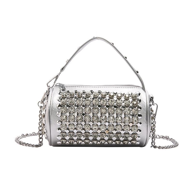 IELGY Cylindrical Female Bag with Diamond Crossbody Chain Pillow Bag