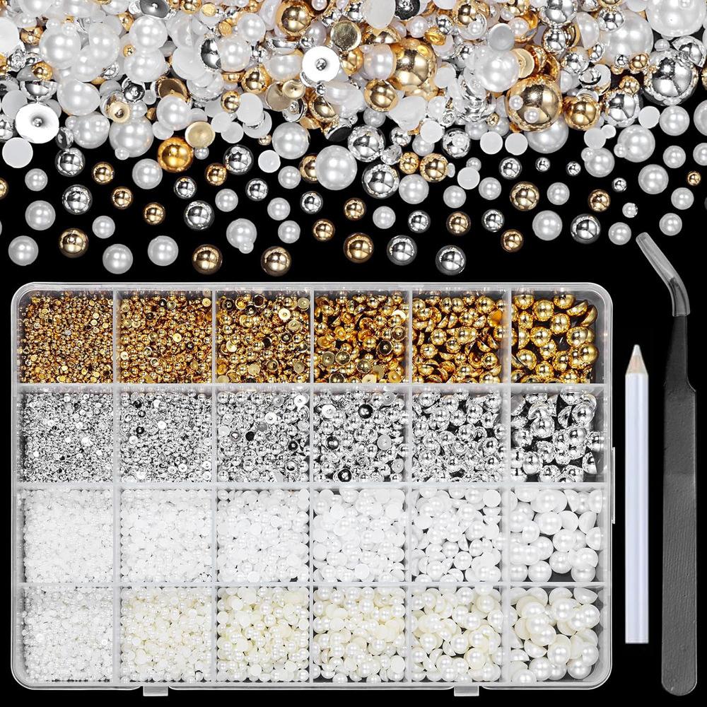 Round Pearl Nail Art Decorations Kit, Mixed Sizes Gold Silver Beads Studs for DIY Manicure
