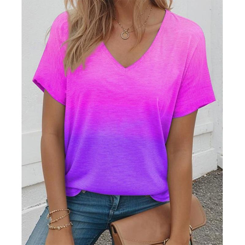 Summer Fashion Gradient 3D Print T-Shirts Women's V-Neck Short Sleeve T Shirt
