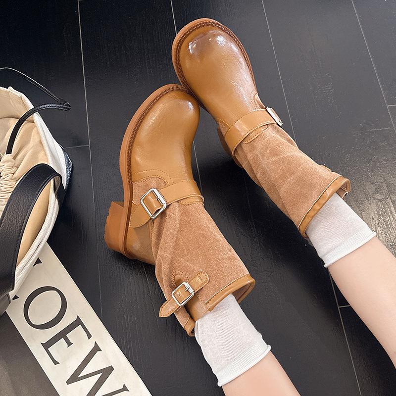 Retro imitation leather splicing canvas medium tube cycling boots women's metal buckle thick heel stacking boots fashion versatile fashion boots