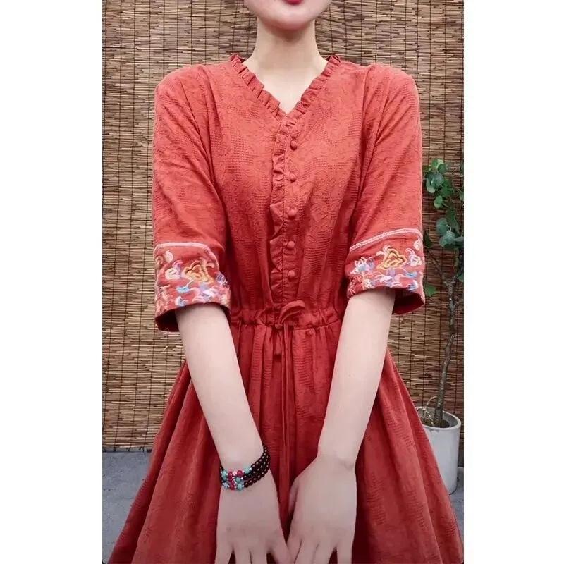 Retro Ethnic Embroidered Cotton Jacquard Midi Dress - Slim Fit, Cinched Waist, Trendy Summer Style