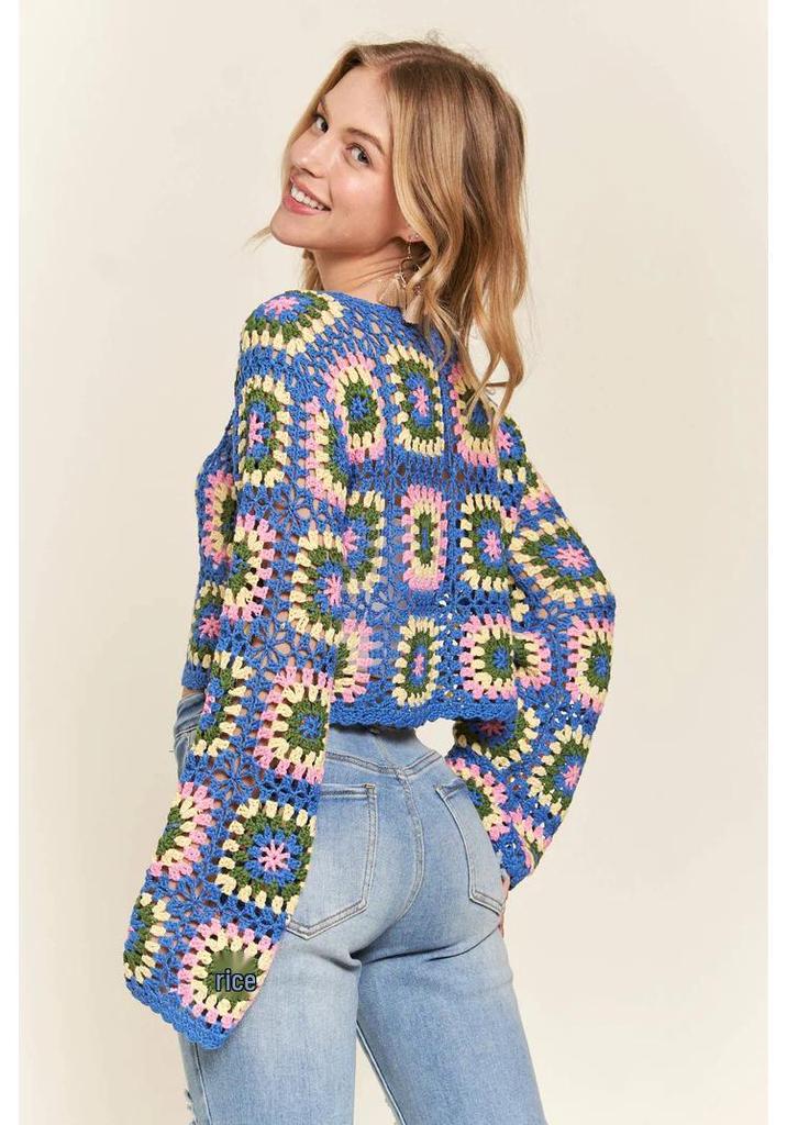 Handmade Crochet Rainbow Block Pullover: Forest Style Round Neck Long Sleeve Sweater