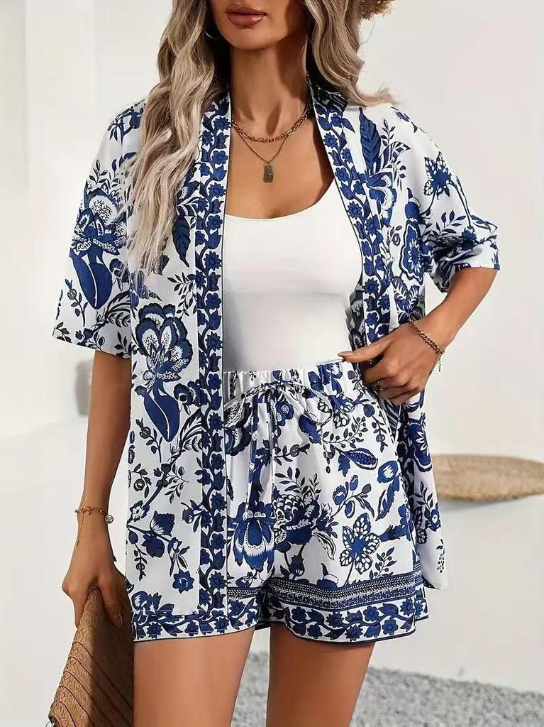2025 Elegant Two-Piece Vacation Print Set: Short Sleeve Tie-Waist Shirt & High-Waist Shorts