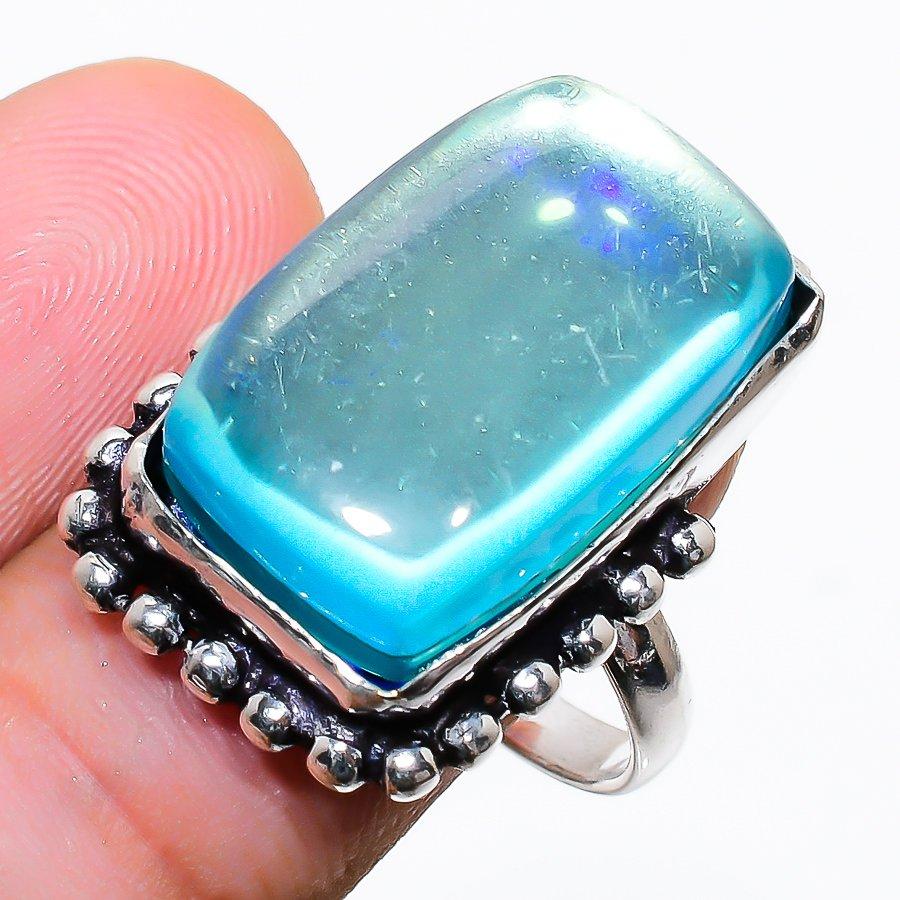 

Кольцо ручной работы из стерлингового серебра 925 пробы с натуральным синим мистическим драгоценным камнем, размер 9 t2s53