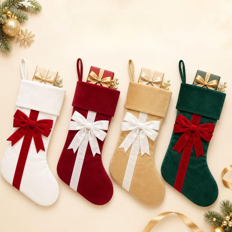 Christmas Stockings Velvet Bow Fireplace Socks Red Green Beige Four-color Christmas Tree Decoration Gift Bag Holiday Fabric