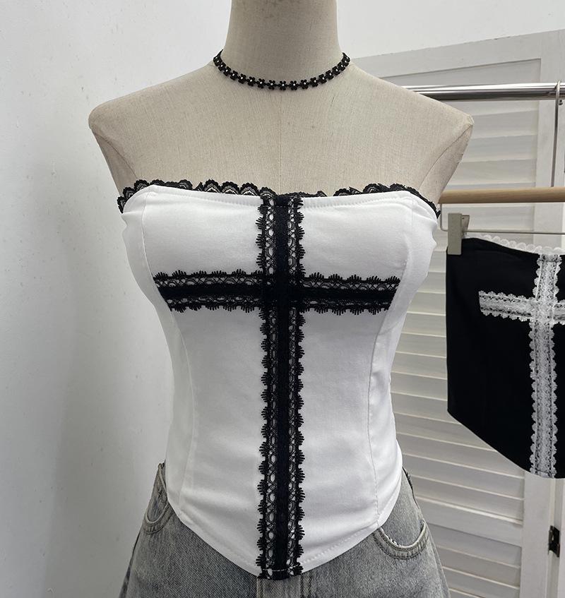 

Lace Cross Strapless Vest with Chest Pads - Non-slip, Women s Summer Short Cropped Top One Size білий