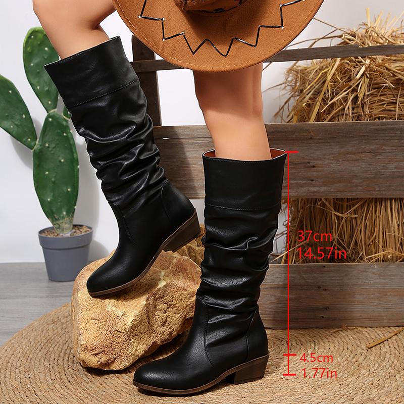 

Fashion Black Pu Leather Knee-High Boots Women Slip On Med Heel Western Cowboy Boots Woman Autumn Winter Pleated Long Botas Plus Size 43 43