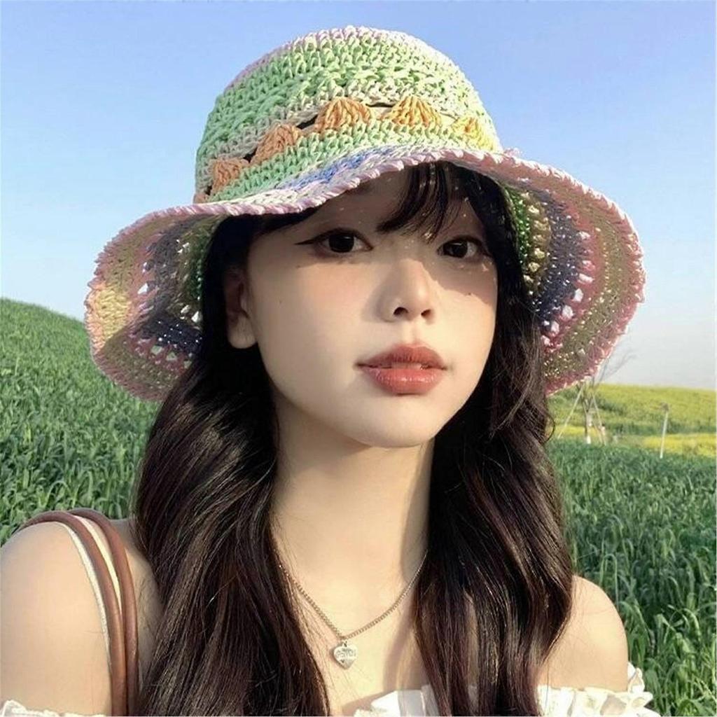 Rainbow Color Sun Hat Holiday Spring Weaving Straw Hat Woman Commutes Camping Taking Photo Handmade Beach Hat for Girl Green
