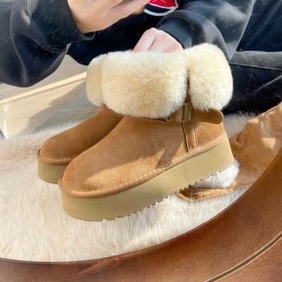 Fashion 2024 Winter New Solid Color Matte Leather with Thick Velvet for Comfortable Outerwear Women's Fury Snow Boots Naked Boots For