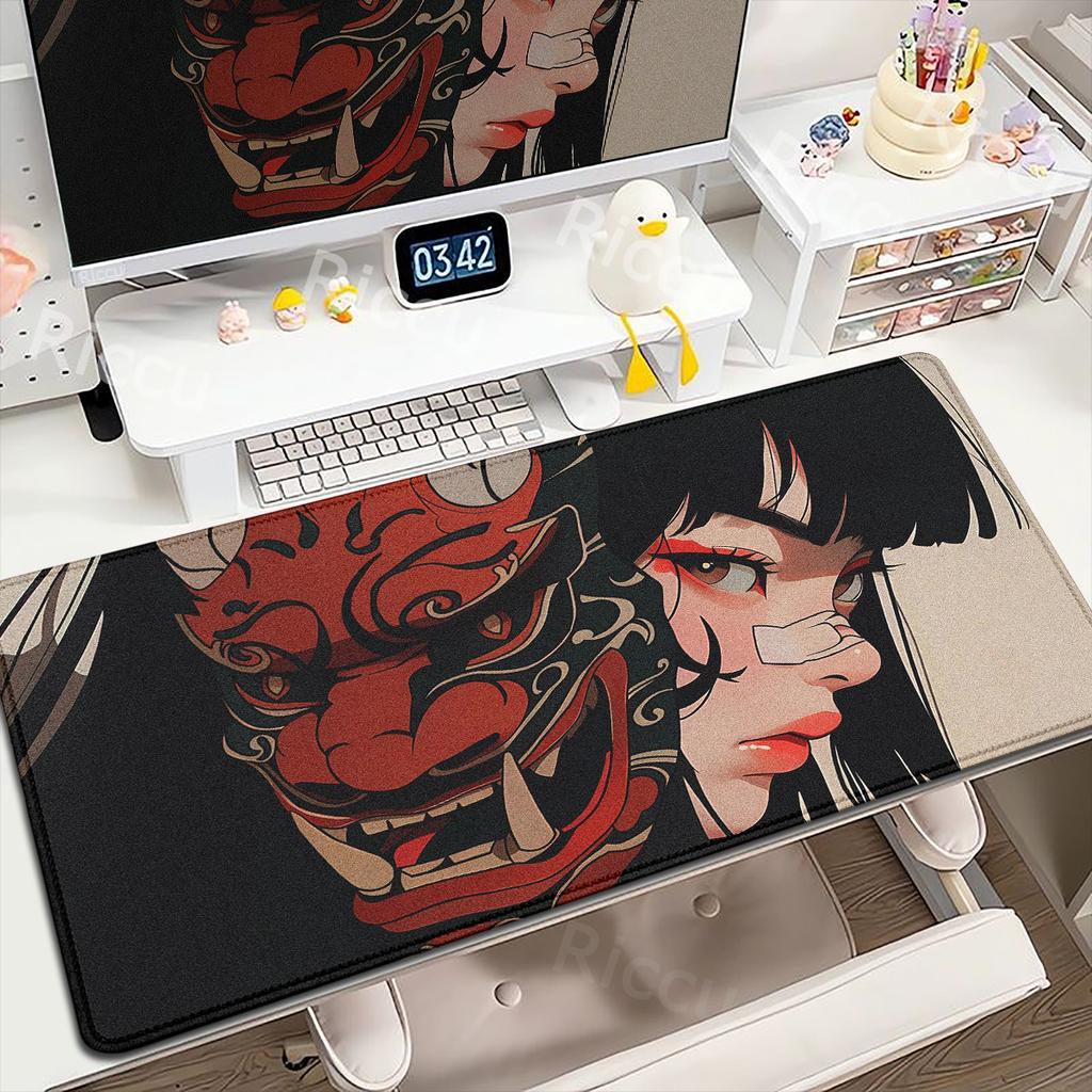 Anime Mädchen Samurai Oni Maske Mauspads Groß Computer Gaming Zubehör 400x900mm Gamer Professionell Premium Mauspads Schreibtischunterlagen