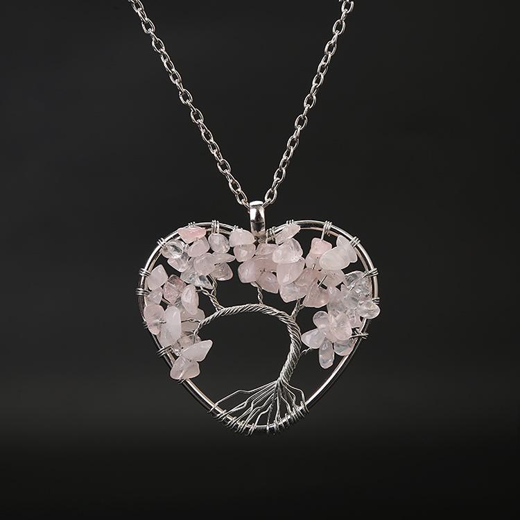 Seven-Color Heart-Shaped Tree of Life Necklace with Natural Stone Crystals