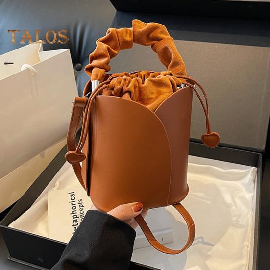 Women's Petal Bucket Bag Vintage Faux Leather Drawstring Handbag with Adjustable Strap Tote Shoulder Purse Crossbody Bag for Shopping Work