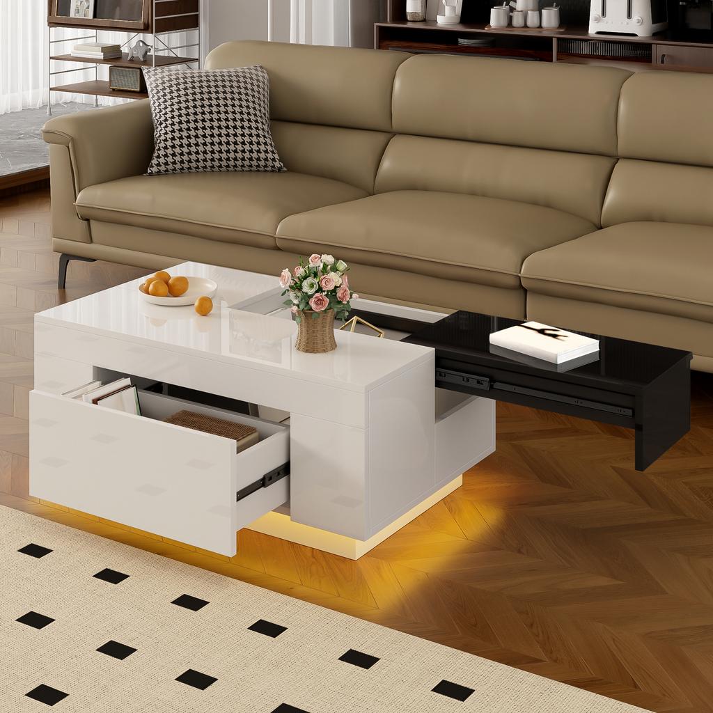 High-Gloss Coffee Table with LED Lighting, Extendable Black-and-White Tabletop, Hidden Storage and 16-Color Adjustable Light Strip
