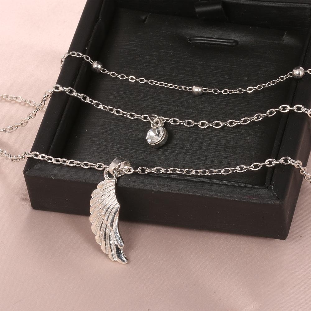 Bohemian Fashion Personality Wing Pendant With Diamond Beads Three-Layer Necklace
