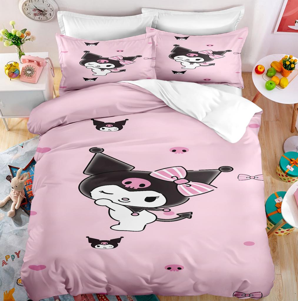 Cute Anime Cartoon Kuromi Bedding Picture Comforter Quilt Bed Cover Duvet Cover Pillow Case 2-3 Pieces Sets Kids Adult Size