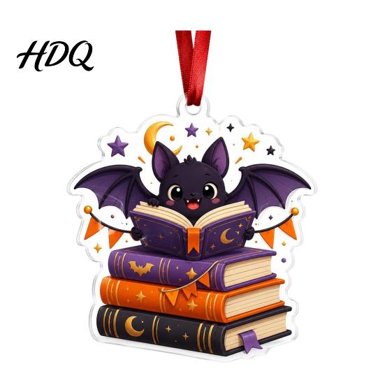 Spooky Home Decor Halloween Reading Ghost Hanging Ornament Acrylic Holding Book Pumpkin Mummy Ornament Black Cat Decor 2D Cartoon Bookish