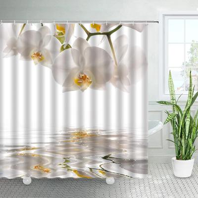 White Orchid Floral Shower Curtains Sets Rural Natural Flowers Zen Spa Plants Bathroom Fabric Bath Curtain With Hooks Home Decor