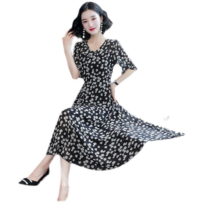 Summer dress women's summer new temperament large size long over knee waist thin floral dress fashion women's clothing