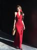 Red three-dimensional flower neck dress women's summer slim dress long dress pure waist split hip skirt
