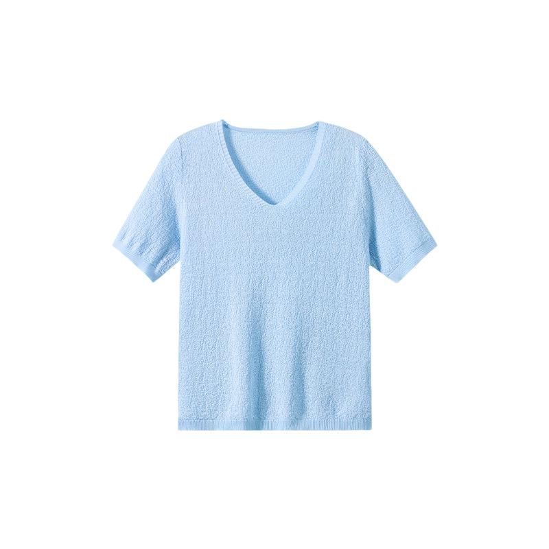 Northern Deer Women's Textured V-neck Knit T-shirt - 70.7% Lyocell, 29.3% Triacetate for Summer, Style 261172