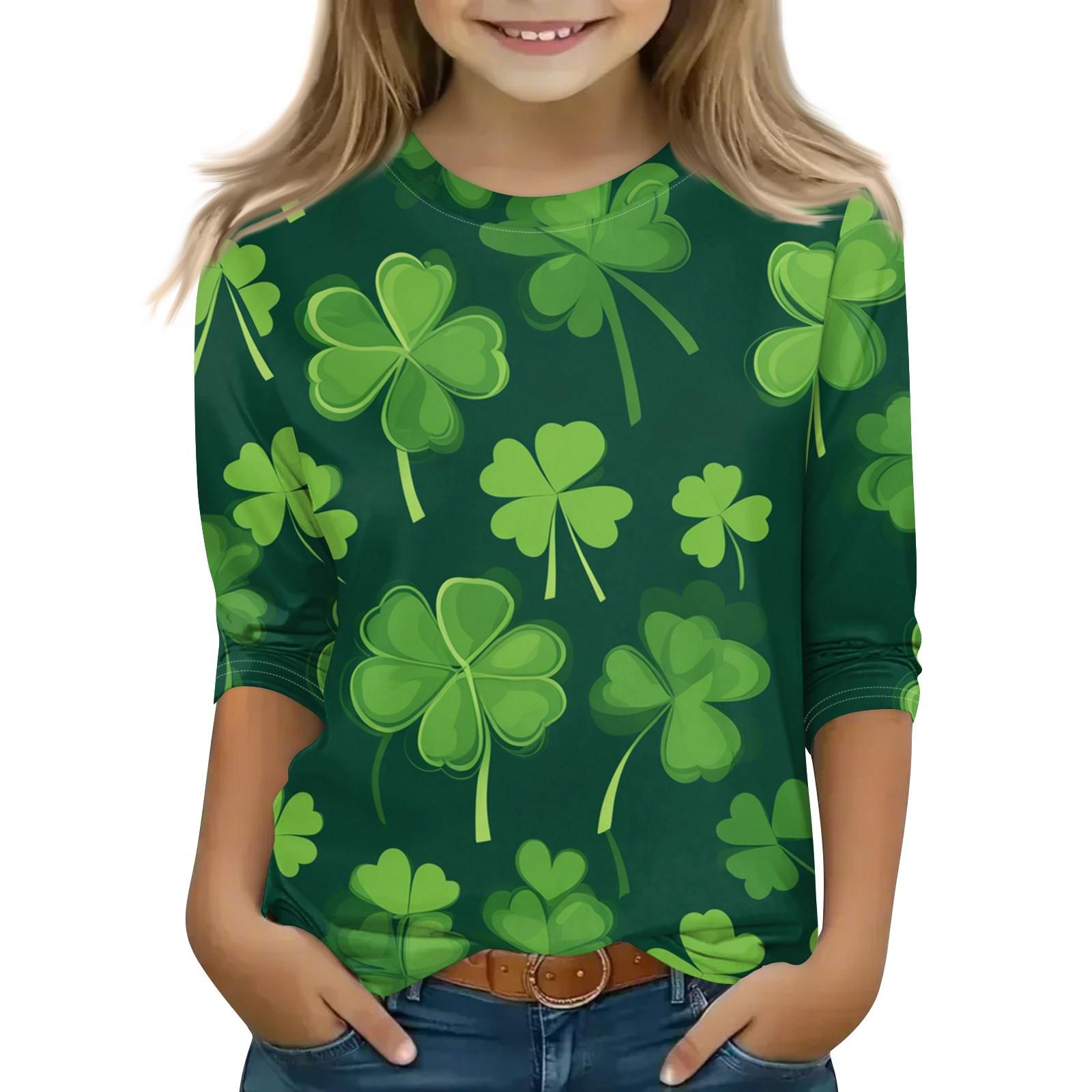 

Топы с принтом для девочек 5-16 лет с круглым вырезом и рукавами 3/4 Футболки Модные топы Наряды Футболки 140 зелёный