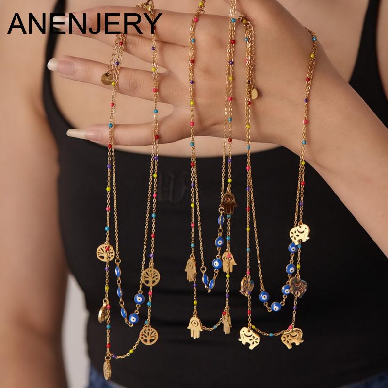 

ANENJERY 316L нержавеющая сталь двухслойные цветные бусины глаз дерево слон пальма бабочка крест сердце цепь ожерелье для женщин