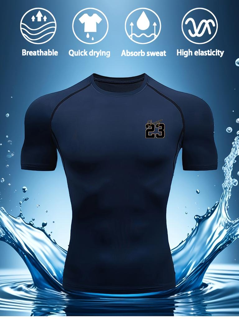 Men's White Number 23 Print Compression Rash Guard, Breathable Quick Dry High Elasticity Gym Workout & Water Sports Top