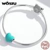 WOSTU Enamel Smooth Red , Pink and Blue Three-color Heart Shape 925 Sterling Silver Charm Beads Fit Bracelet Bangle Fine Jewelry