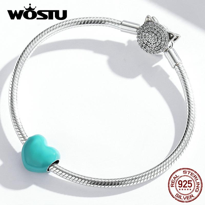 WOSTU Enamel Smooth Red , Pink and Blue Three-color Heart Shape 925 Sterling Silver Charm Beads Fit Bracelet Bangle Fine Jewelry