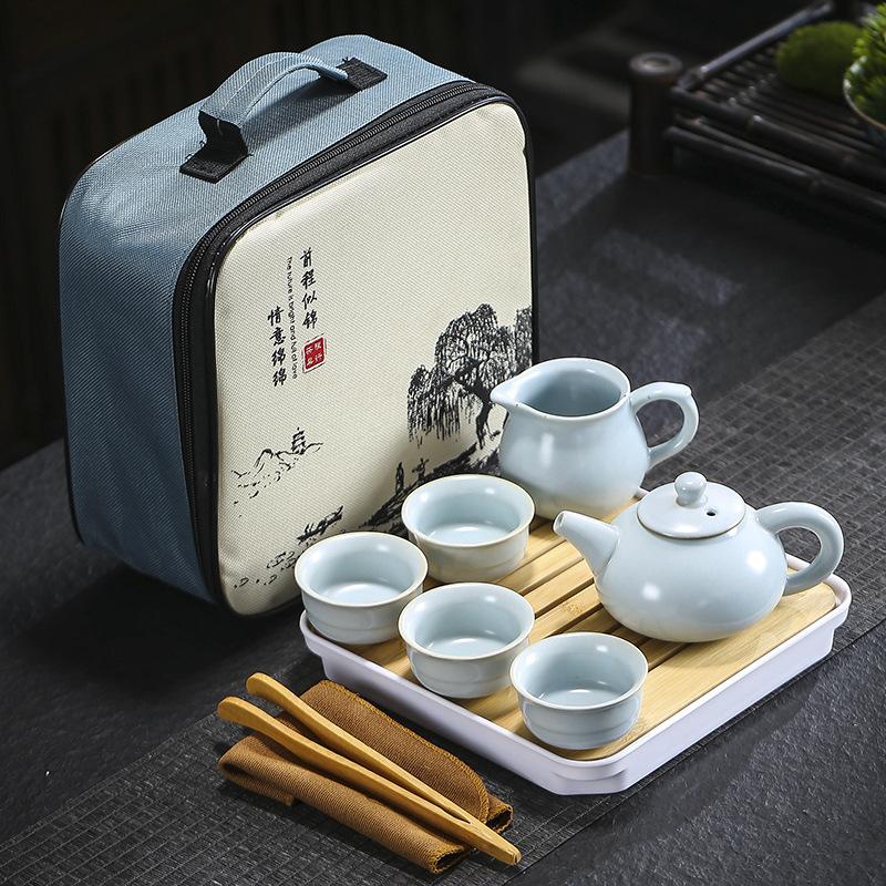 Travel tea set Ge kiln Ru kiln set tea tray home wedding opening real estate souvenir