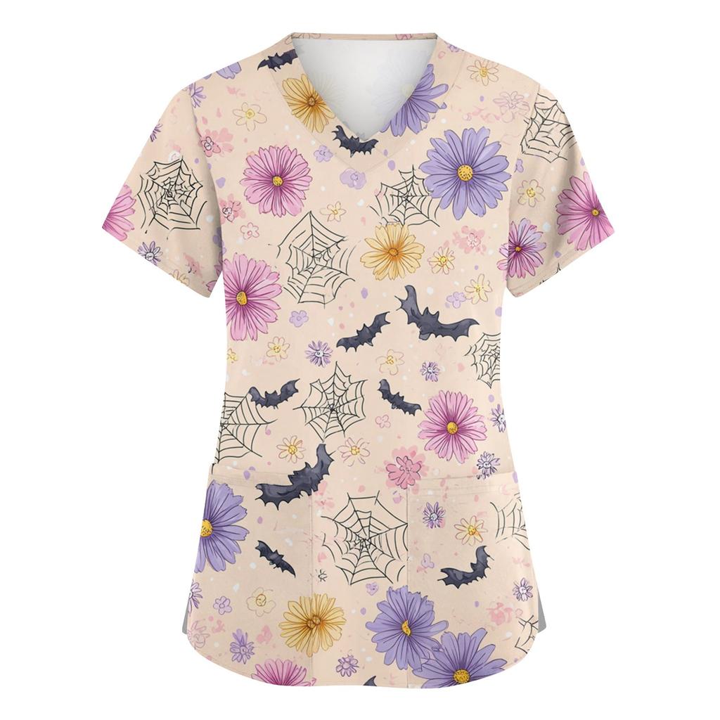 Damenmode V-Ausschnitt Kurzarm Overalls mit Taschen Print Tops Kleidung