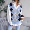 Women Spring Fall Knitted Vest Sweater Jumper Pullovers Top V-neck Sleeveless Diamond Patchwork Stitching S-L