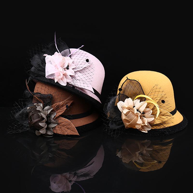 Autumn and winter woolen hat British retro top hat women's dome fashion hat pot hat flower decoration literary and retro