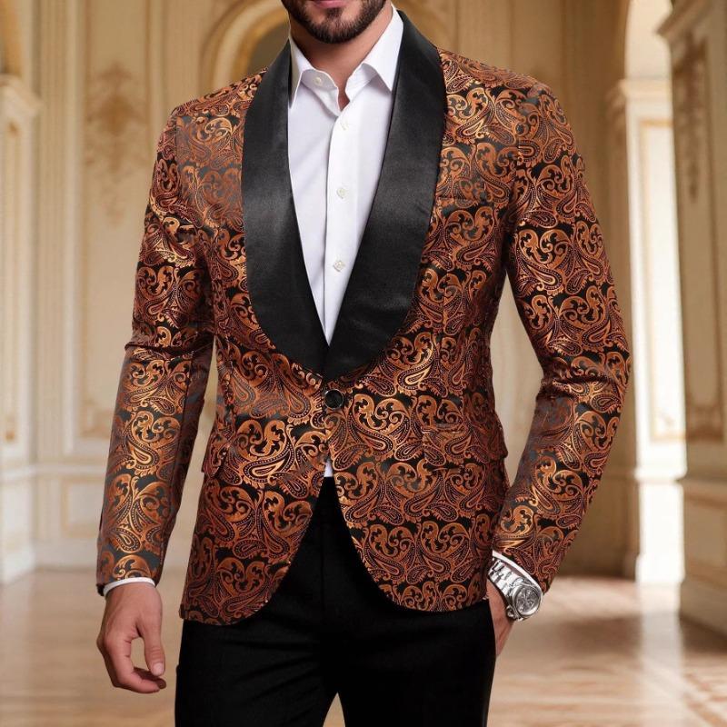 Men's Paisley Floral Print Blazer Black Satin Lapel Formal Wedding Tuxedo Jacket