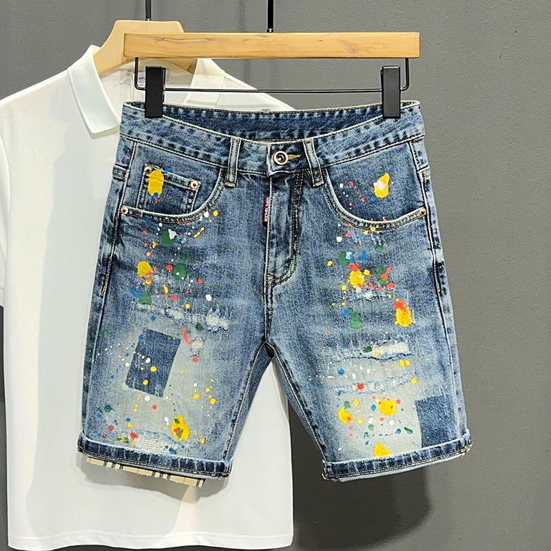 Men's Trendy American Style Graffiti Slim Fit Ripped Denim Shorts