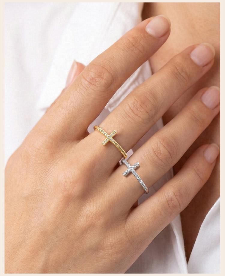 Cross Ring for Women 14k Gold Plated Sideway Cross Adjustable Open Ring Cubic Zirconia Jewelry