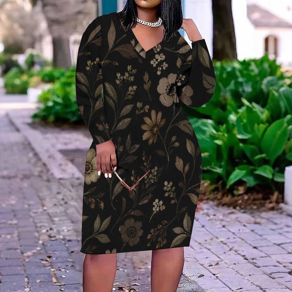 Women Plus Size V Neck Long Sleeve Black Red Rose Floral Printed Fitted Dress