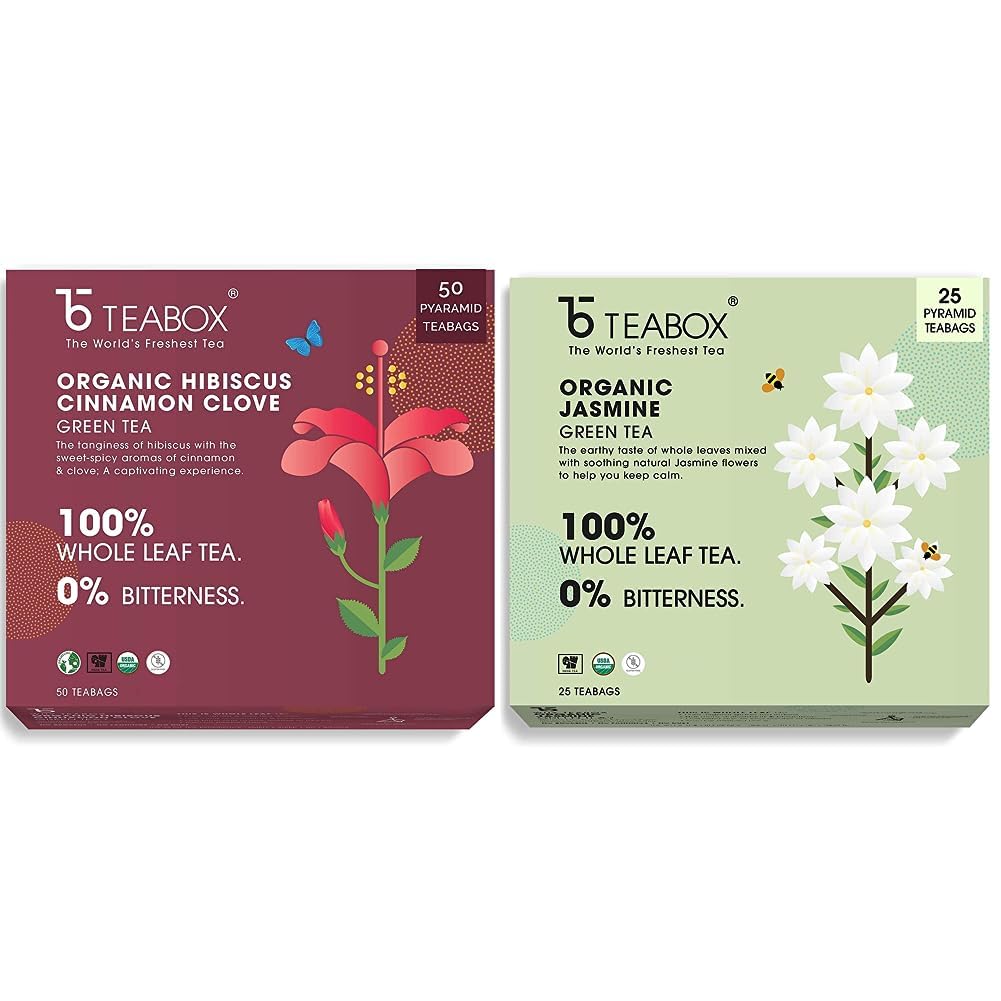 

Teabox Organic Hibiscus Cinnamon Clove Green Tea Bags 50 pcs & Teabox Organic Jasmine Green Tea 25 Teabags | Sourced From Madurai | For Calm