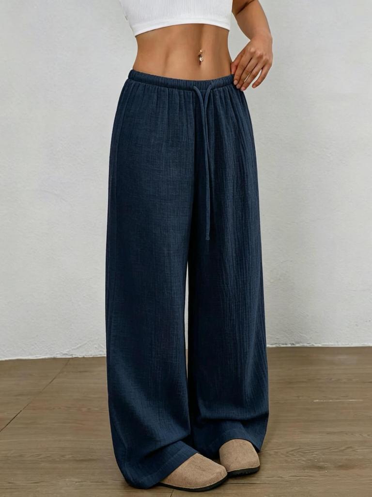2026 Women's Pure Cotton Loose Solid Color Elastic Waist Wide-Leg Casual Pants