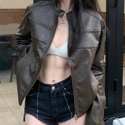 Vintage  Style Street Leather Jacket Women's Autumn Spice Girl Front Shoulder Short Pu Jacket Women's Trendy Ins Top