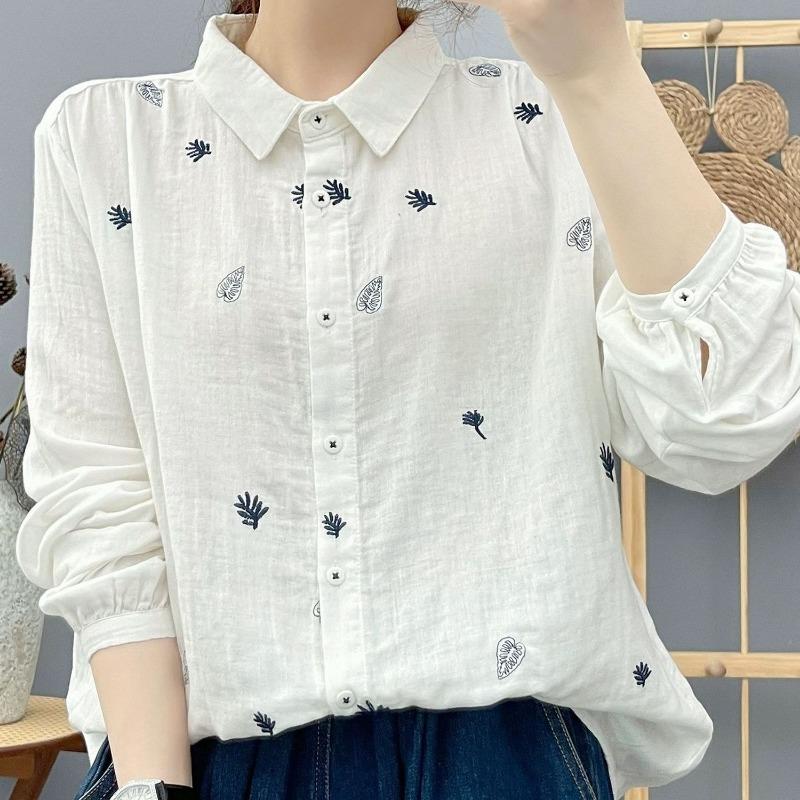 Women lapel leaf embroidery linen long sleeve shirt multi color loose casual bubble cuff button blousee