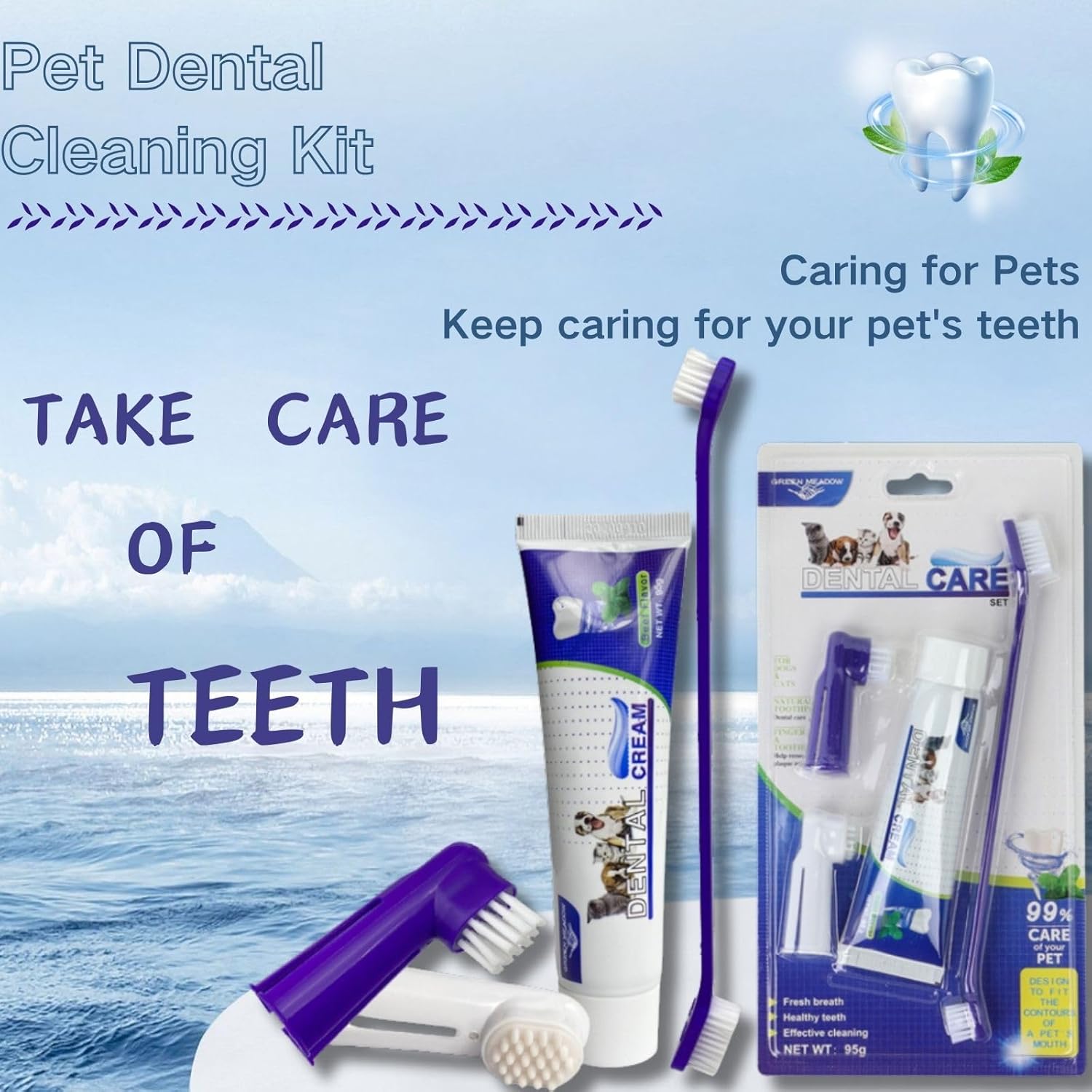 Rnlrclrl Dog Toothpaste and Toothbrush Set Dog Dental Care Fresh Breath Kit,Dual Ended Toothbrush,2 Pack Finger Toothbrushs