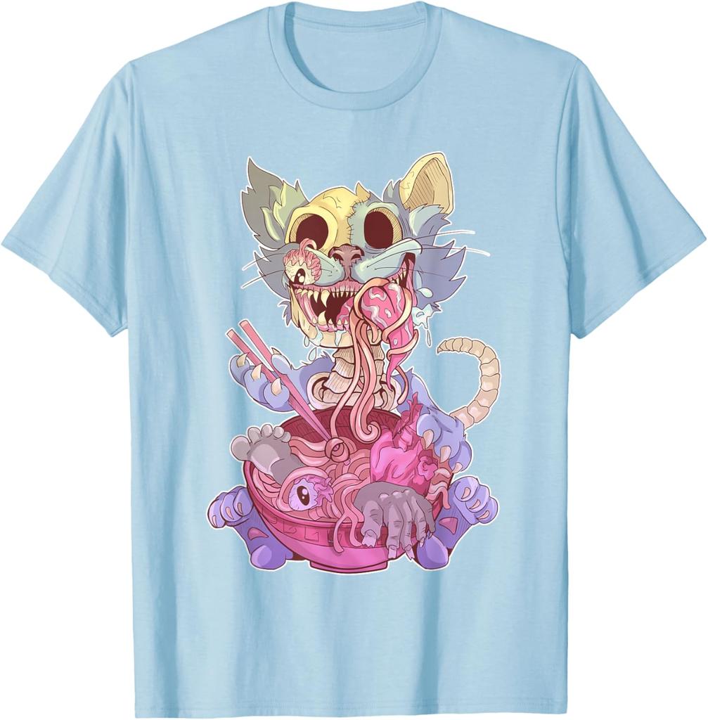 Zombie Cat Ramen Graphic Tee Kawaii Goth Weird Illustration T-Shirt For Men Casual