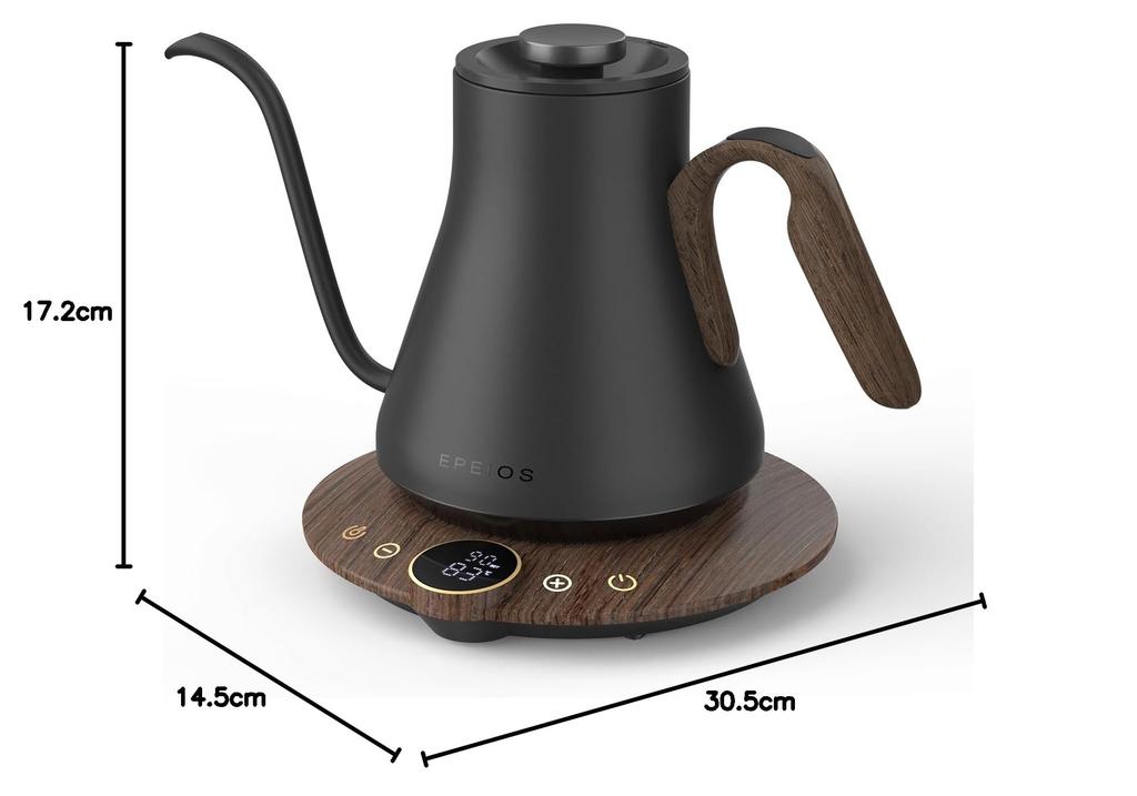 [Recommended by WBC World Champion Hidenori Izaki] Epeios Electric Kettle for Coffee, Narrow Spout, 1°C Temperature Control, 0.9L, 1040W, Wood Grain F