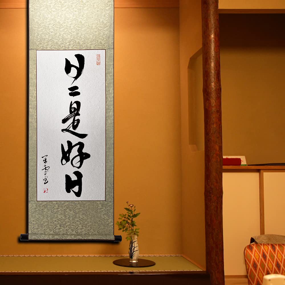 "Every Day Is a Good Day" Hanging Scroll, Stylish, "Every Day Is a Good Day" Style, Cursive Calligraphy, Tea Hanging Scroll, Zen Phrase, Single-line