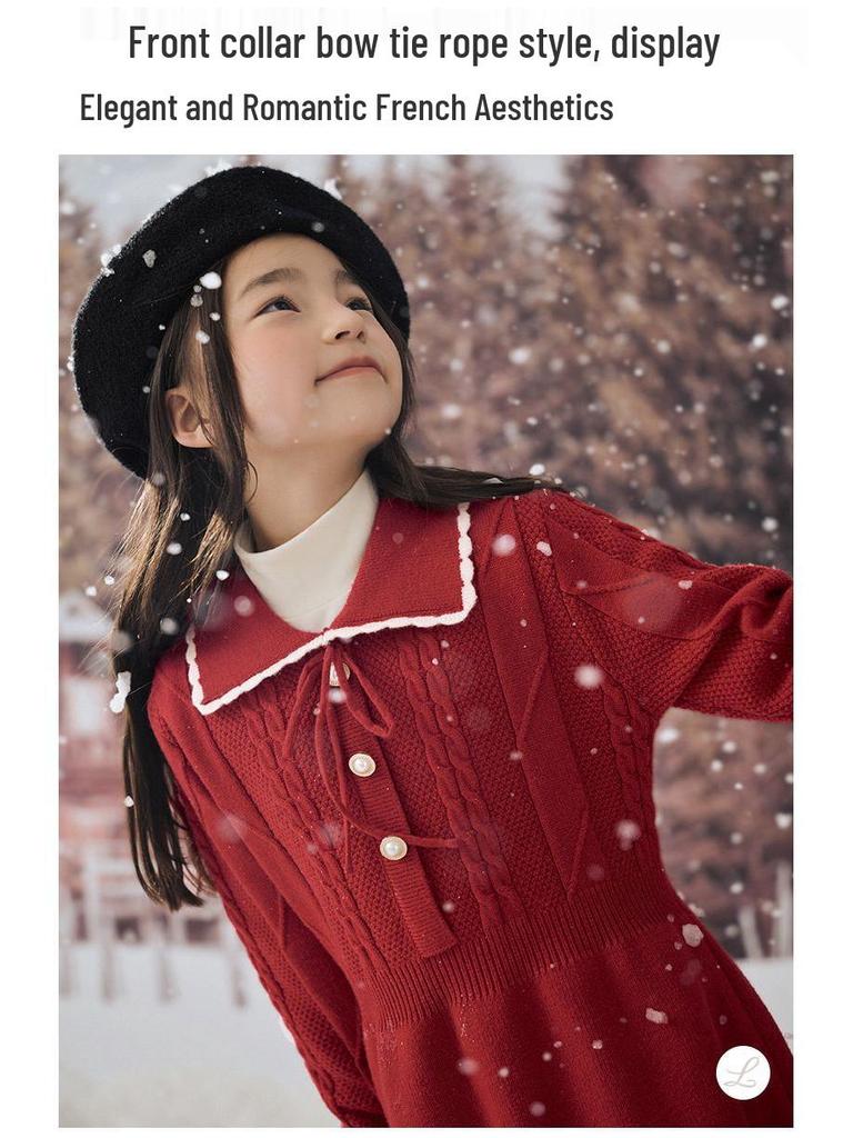 Sangluo Girls' Knit Woolen Dress - 2025 Autumn/Winter Red New Year Outfit