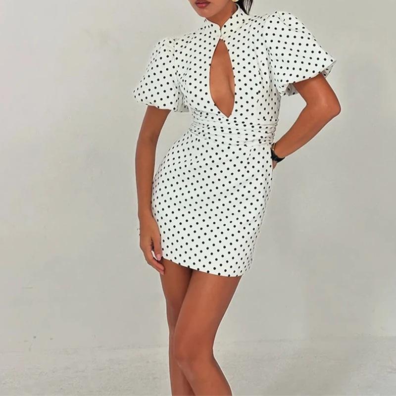 Eleganti Vestiti Corti a Pois da Donna Maniche a Sbuffo Traforati Pacchetto Fianchi Vestito Aderente Estate Donna Festa Sera Vestiti