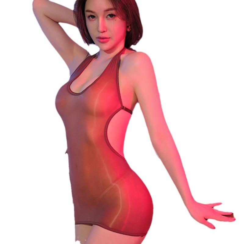 Glossy Ultra-Thin V-Neck Bodycon Dress Horse Oil Stockings Temptation Bed Black Silk Smooth Sexy Tight Mini Dress