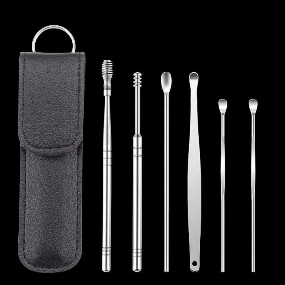 6Pcs Earwax Removal Cleaning Tool Spiral Earpick Ear Curette Set Portable Daily Ear Care Cleaning Kit чёрный
